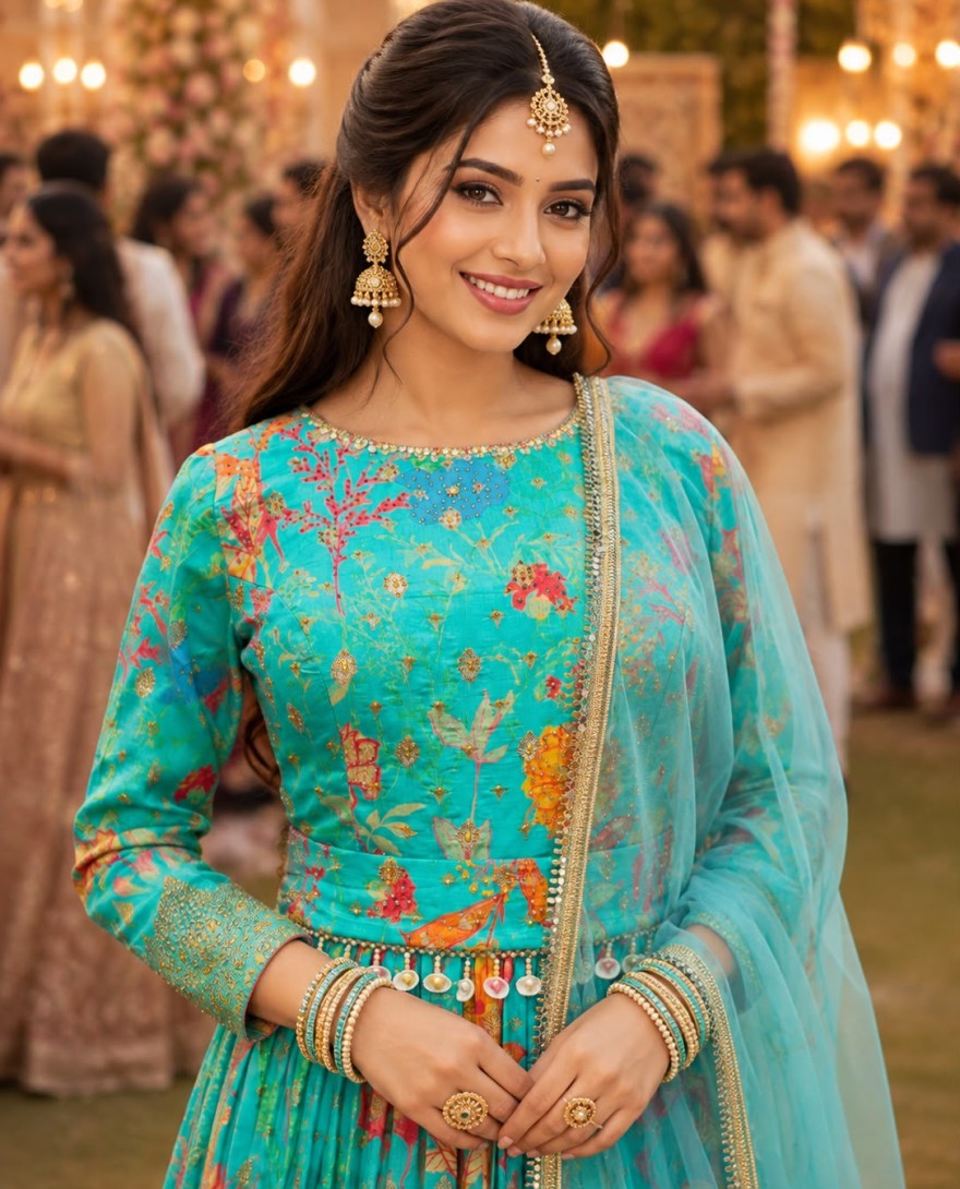 TURQUISE - Colour Turquoise Fabric Viscose Occasion Ceremonial, Engagement, Wedding Style Gown Work Embroidered, Print